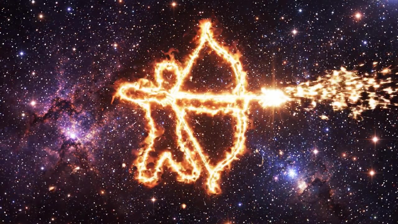 Una battaglia cosmica tra elementi stellari: un arciere etereo scaglia frecce infuocate attraverso le profondità dello spazio, frammentando stelle e galassie in un universo incantato.