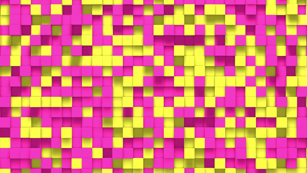 Pink yellow small box cube random geometric background. Abstract square pixel mosaic illustration. Land block background. Fantasy fractal design. Digital art. 3d animation loop of 4K