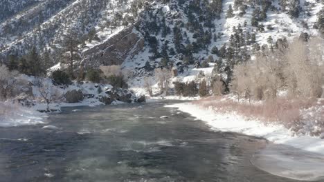 Pintoresco-Río-De-Nieve-En-Las-Montañas-Con-árboles,-Hielo-Y-Nieve