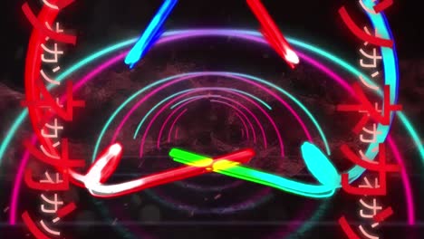 animation of blue, green and red light trails with asian script and neon arches on black background