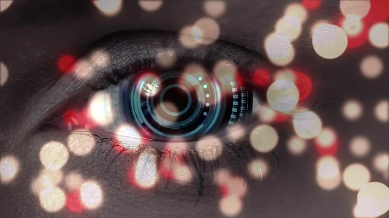 Cybernetic Eye Opening and Closing with Digital Interface and Bokeh Lights