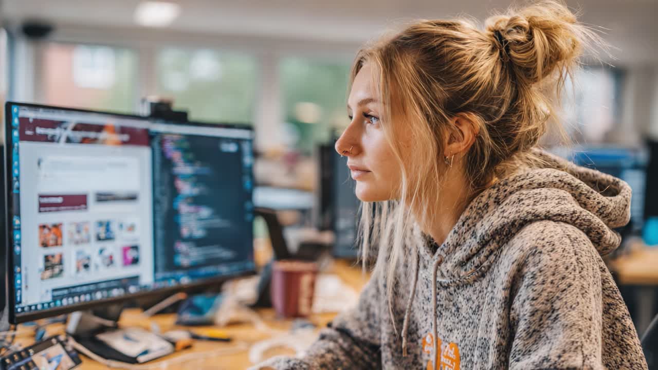 Focused Young Woman Working on Computer in Modern Office Environment, Deeply Engaged in Her Screen Activities, Showcasing Creativity and Productivity in a Collaborative Space