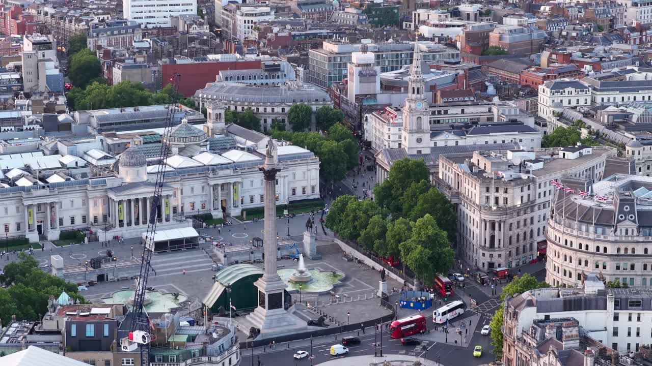 4K Aerial of Trafalgar Square, in London, UK in June 2025.