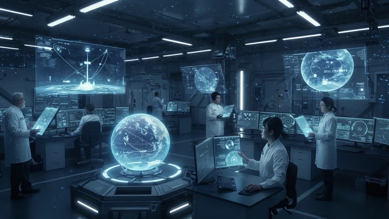 Futuristic Research Facility: Scientists Analyze Complex Data and Simulations with 3D Projections of a Holographic Earth in a High-Tech Laboratory Environment