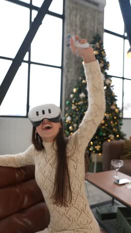 woman experiencing virtual reality at christmas