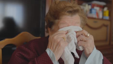 sad grandmother crying and wiping tears with a handkerchief