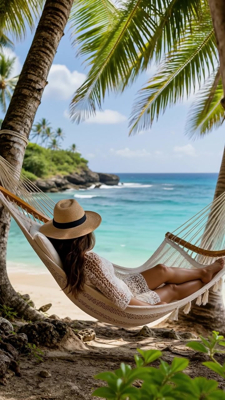 Donna con un cappello di paglia che si rilassa su un'amaca su una spiaggia tropicale con l'oceano turchese