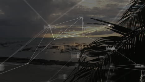 sunset over ocean with digital network connections and data processing animation