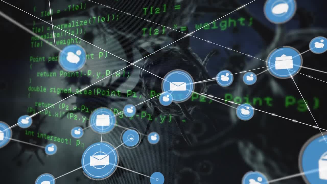 red de iconos digitales y procesamiento de datos contra múltiples células de covid-19 en fondo negro