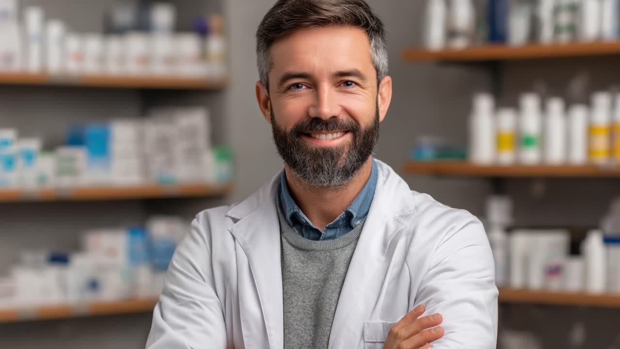 Smiling Male Pharmacist in a Modern Pharmacy, Offering Expert Guidance and Care to Patients, Emphasizing Professionalism and Trust in Healthcare Services