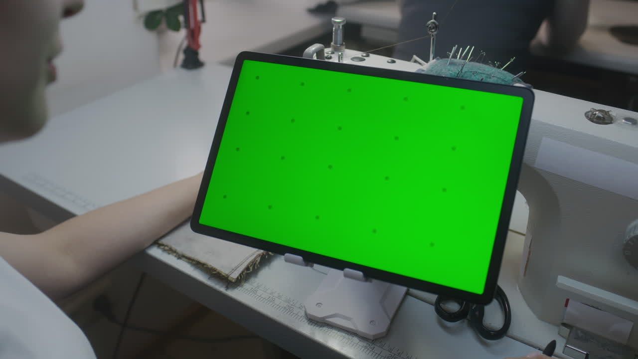Woman using a tablet with green screen in a sewing studio