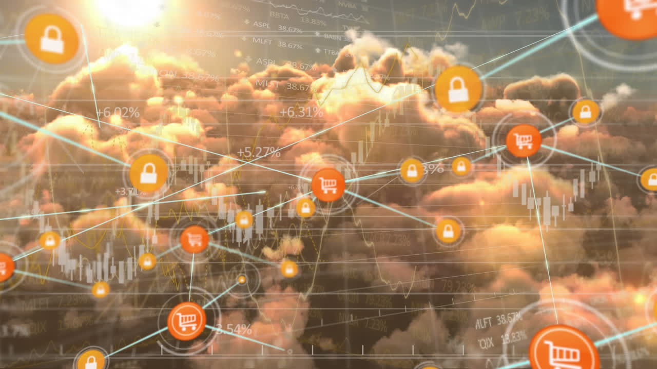 하늘의 태양과 구름에 대한 연결 아이콘의 웹