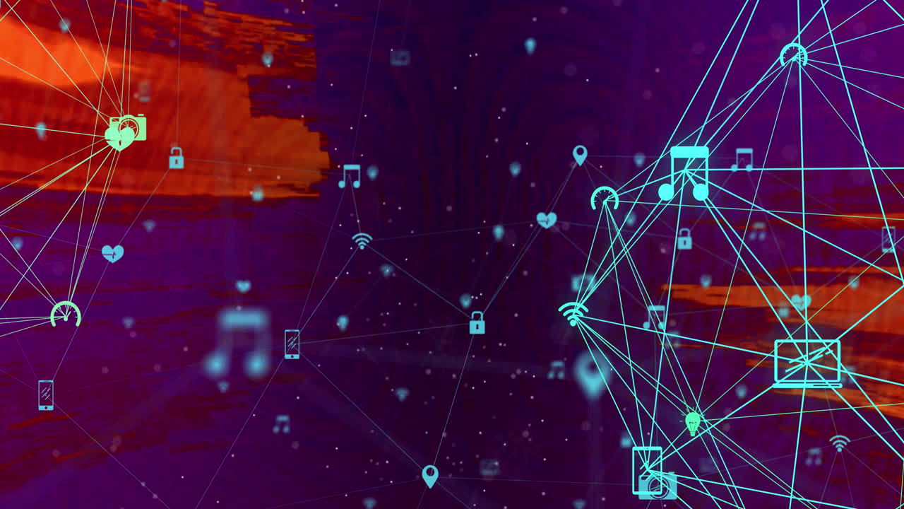 animación de la red de iconos de medios flotando sobre el naranja parpadeante en púrpura