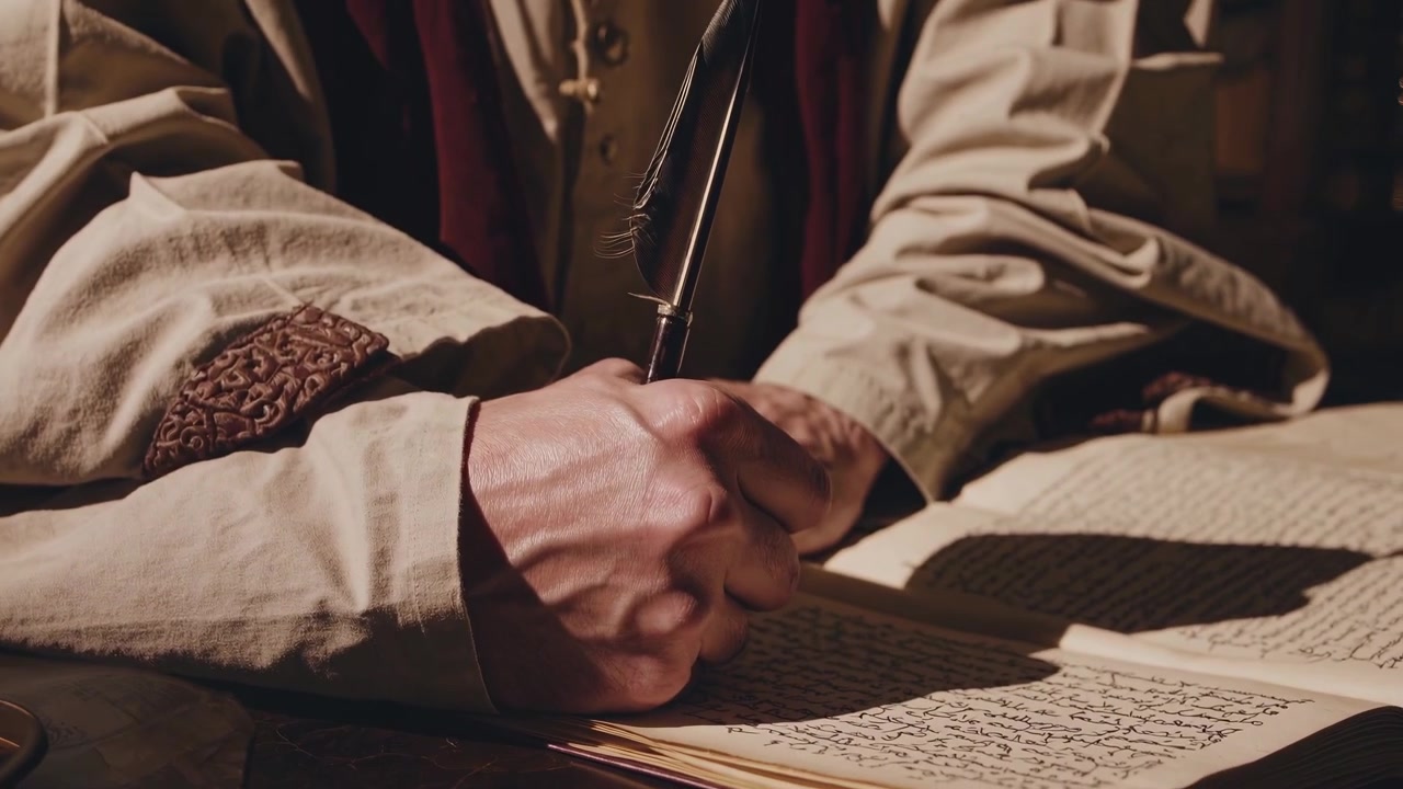 Historický učenec píšící do starověkého rukopisu v knihovně