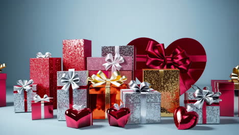 a variety of festive gift boxes and heart-shaped presents