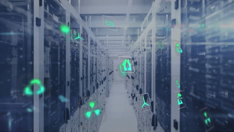 animación de iconos iluminados con bengalas de lentes sobre barras en bastidores de servidores de datos en la sala de servidores