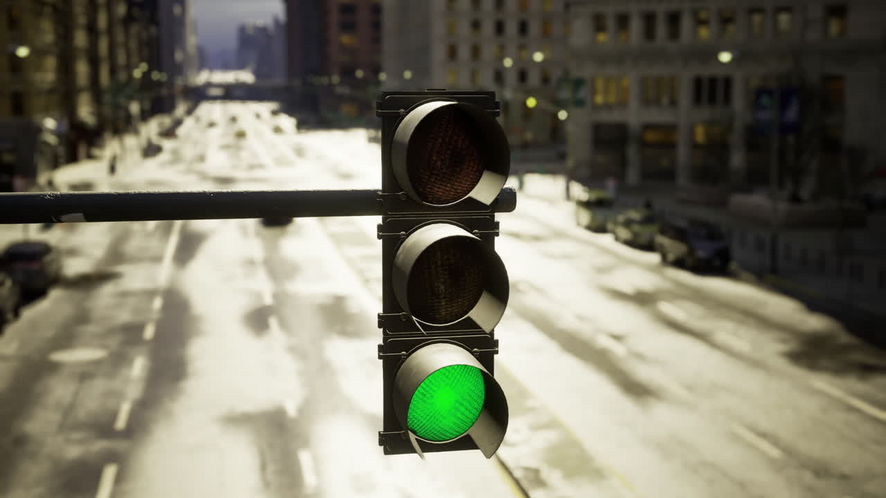 Traffic light displaying red signal on a busy city street during daytime