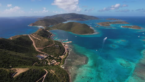 Aerial-of-Oil-Nut-Bay,-Virgin-Gorda,-British-Virgin-Islands,-Scenic-Coastline-and-Coral-Reefs-View