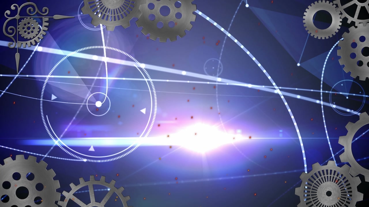 Animation of multiple setting icons over plexus networks and light spot against blue background
