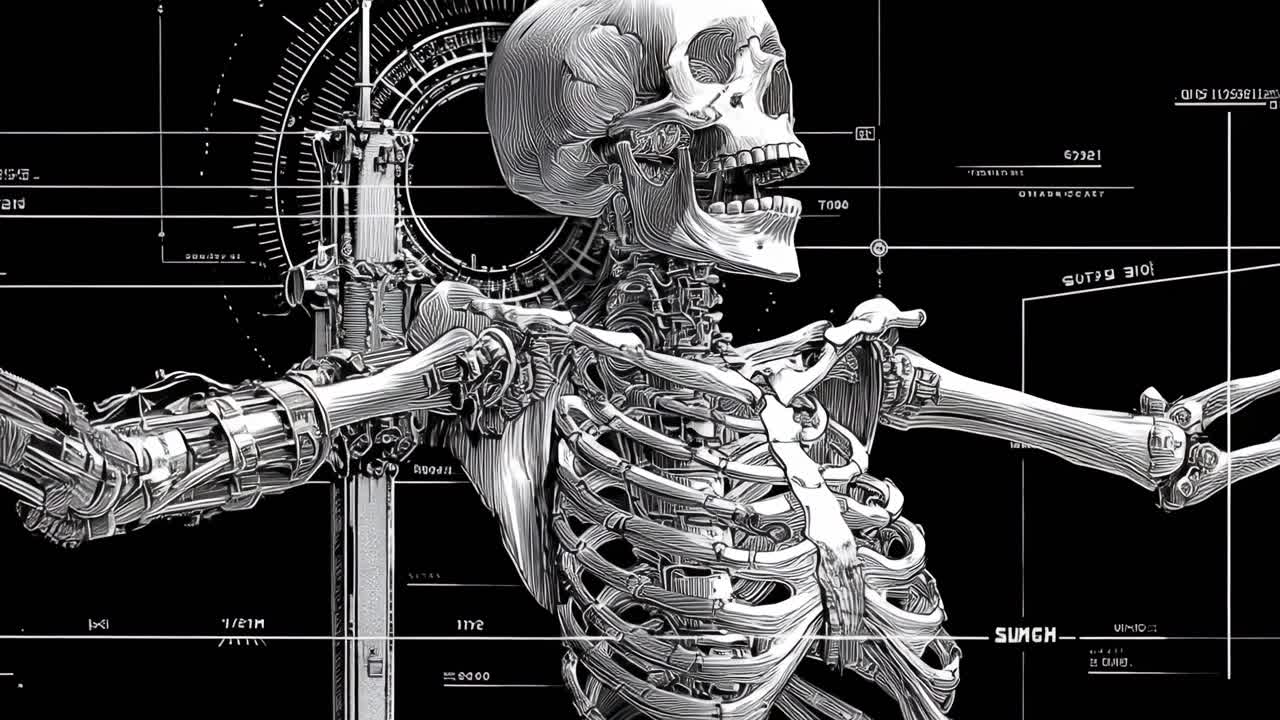 Futuristic video concept of a skeleton with mechanical arms, shot from a low angle