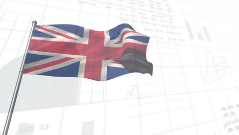 animación del mercado de valores, procesamiento de datos estadísticos sobre la bandera del reino unido en un fondo blanco