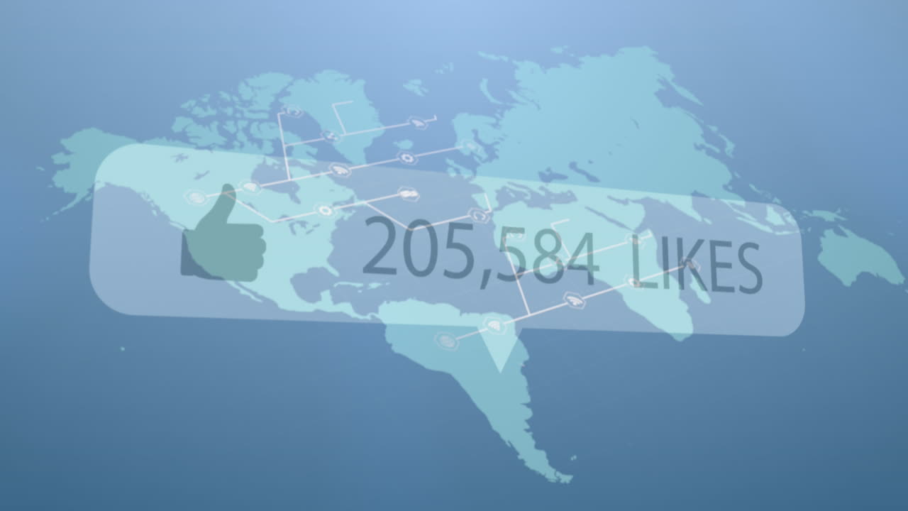 파란색 배경의 세계 지도에 대한 좋아함이 증가하는 엄지손가락 아이콘