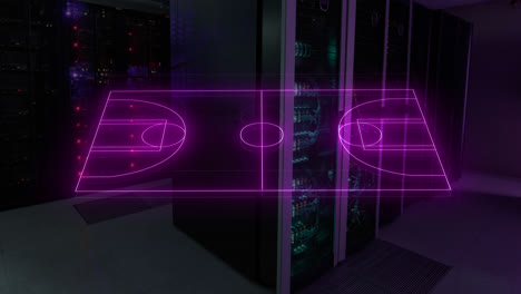 animation of basketball court drawing over illuminated server room in background