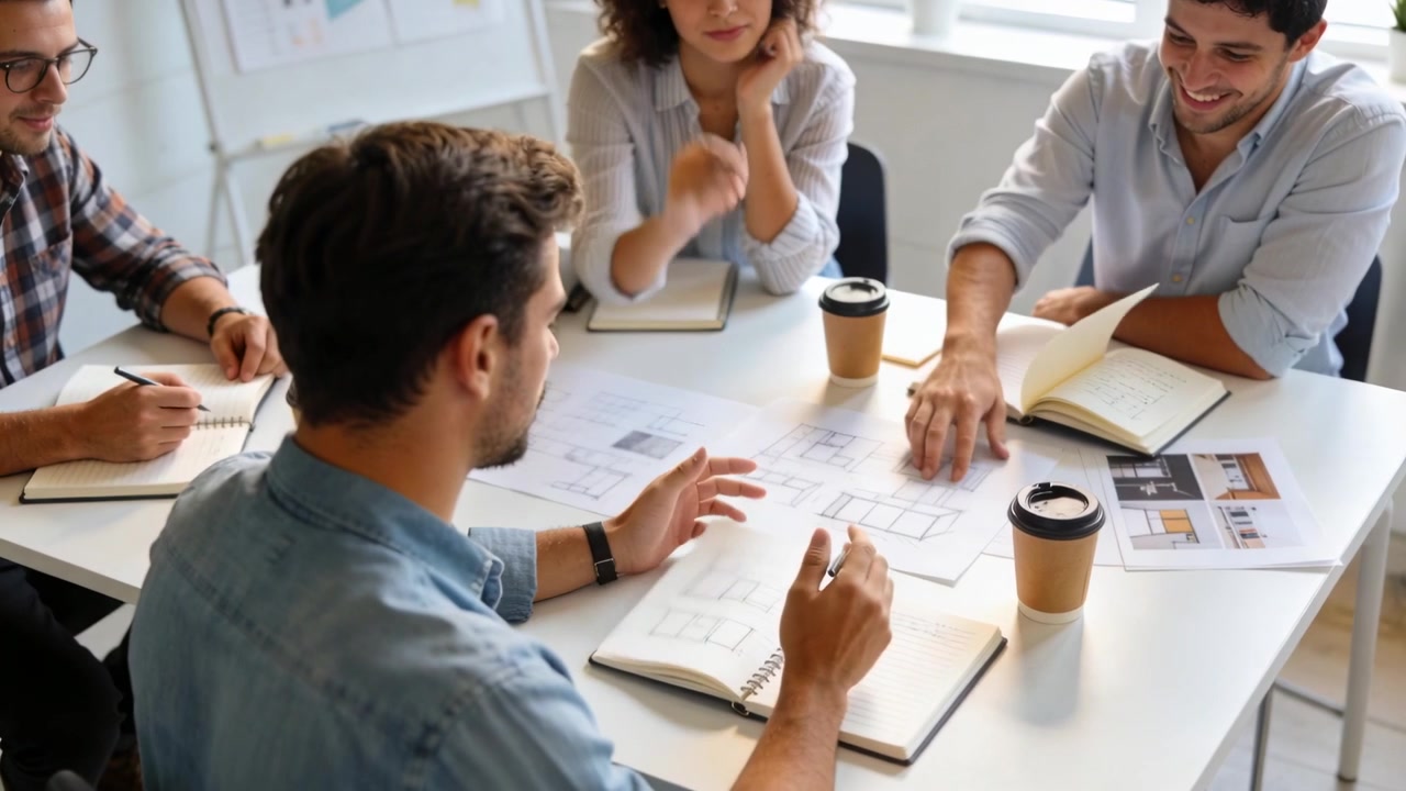 Revisando planes, el líder con camisa de mezclilla estudia el plan en la oficina mientras el equipo pasa páginas y toma decisiones.