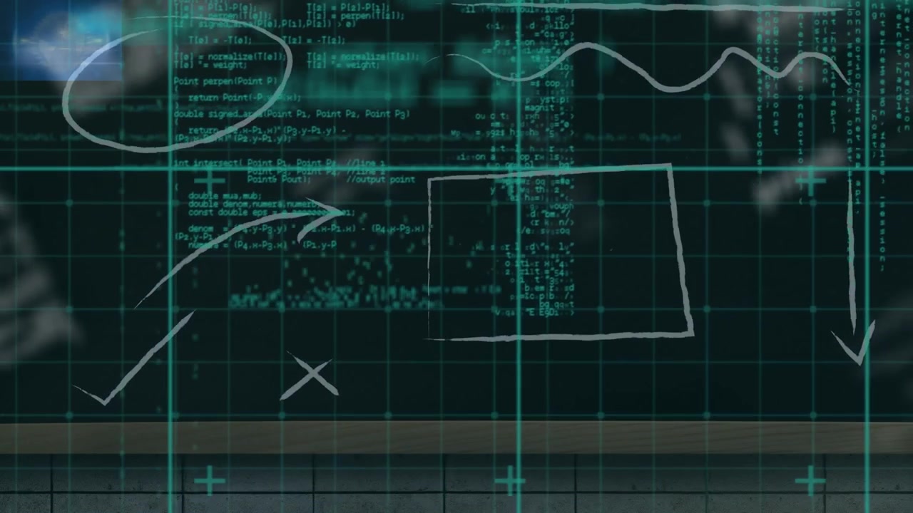 Digital Programming Code Overlaid on Chalkboard Background