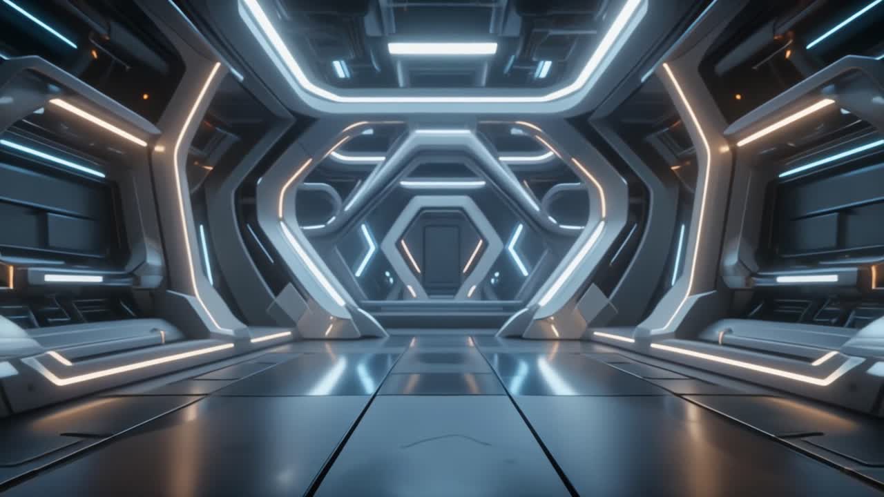 Bevægelse gennem en futuristisk sci-fi tunnel med neonlys