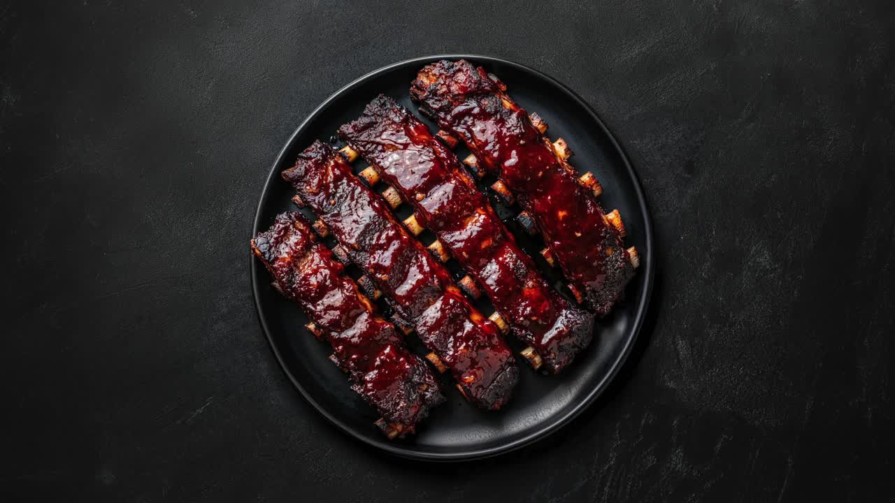 Closeup of BBQ Ribs on a Black Plate