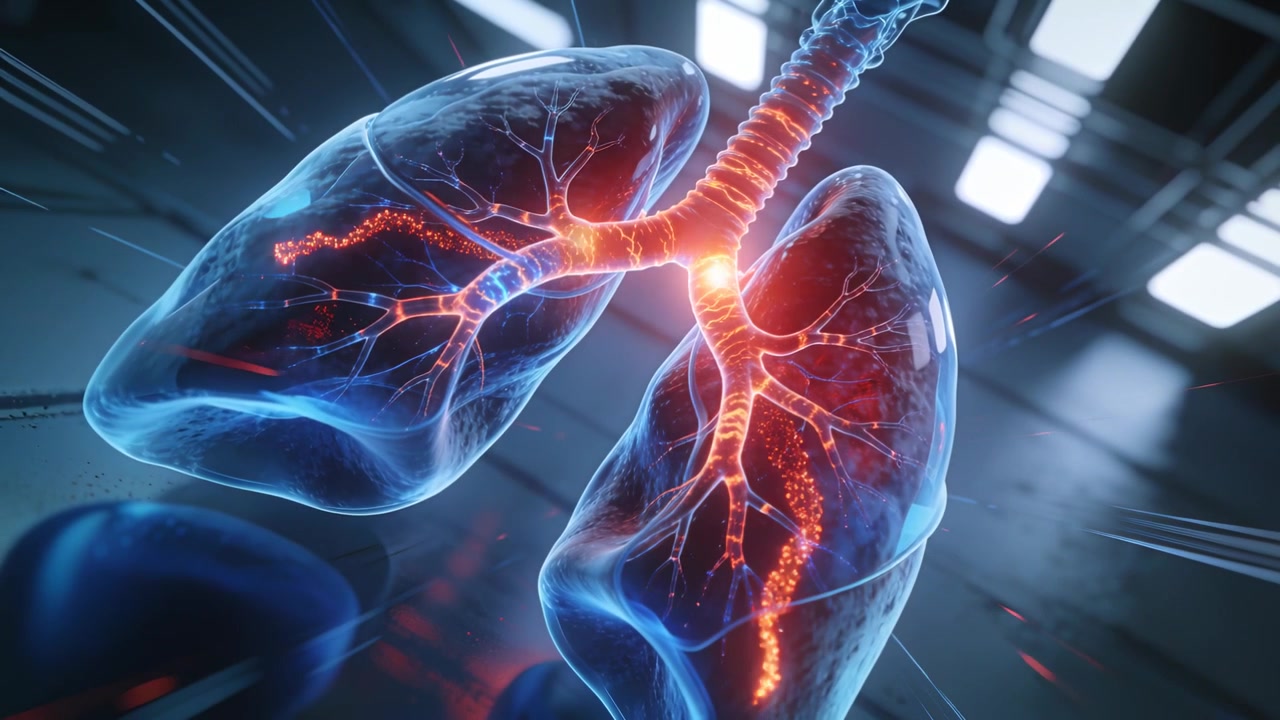 Hotspots intensifying, clear 3D lungs emitting bronchial sparks in lab, demonstrating signal flow