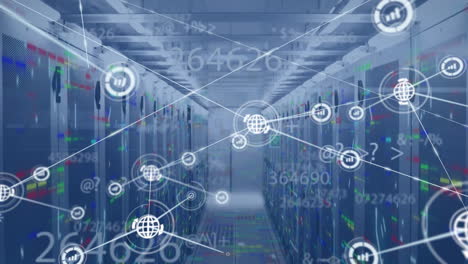 animation of network of connections with digital icons and numbers over computer servers