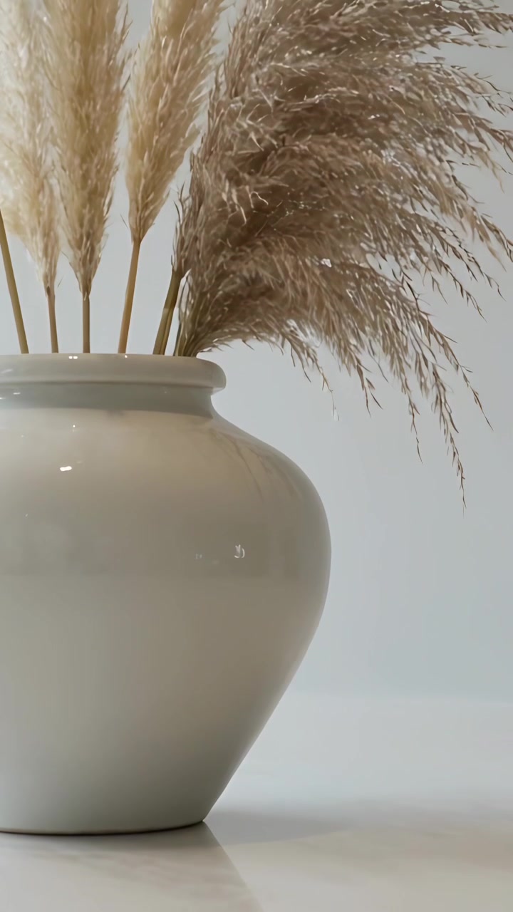 Video verticale: Vaso lucido che oscilla contenente piume di pampa su un piano del tavolo lucido dopo una leggera brezza.