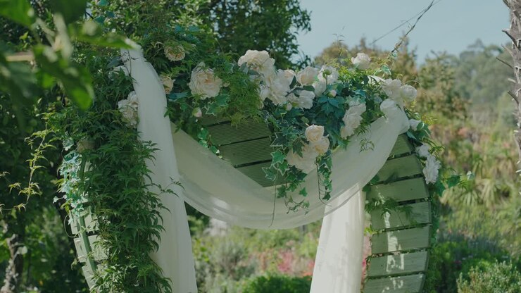 Elegant outdoor wedding arch decorated with white flowers and flowing fabric