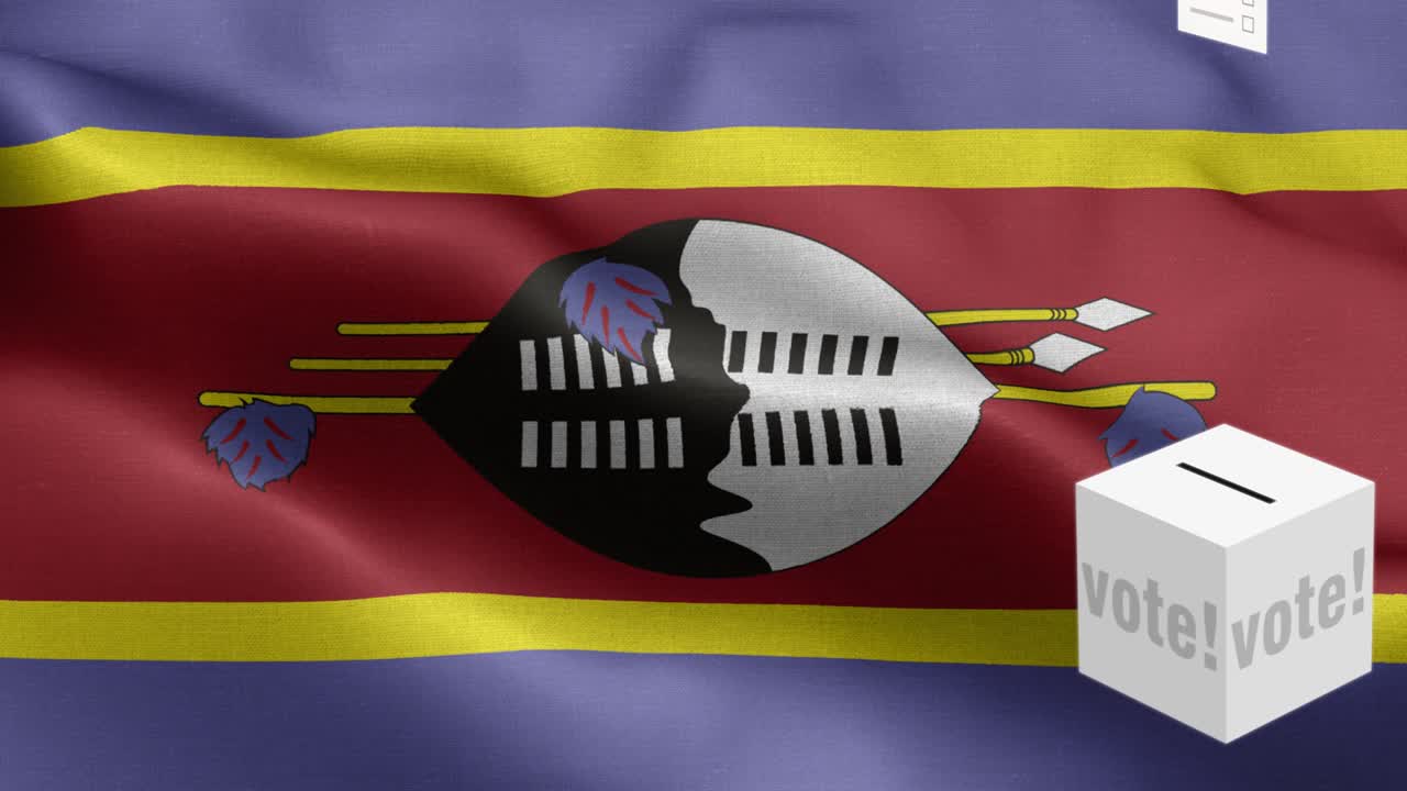las papeletas de votación vuelan a la caja para la selección de swazilandia - caja de votación frente a la bandera - elección - voto - bandera de swazi - bandera de swazilandia de alto detalle - bandera nacional patrón de ondas de swazalandia elementos en bucle - textura de tela y bucle sin fin