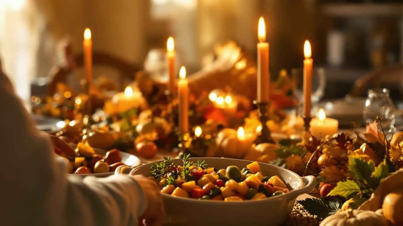Hands preparing a vibrant fruit salad in a beautifully arranged autumn-themed dining setting with glowing candles and seasonal decorations enhancing the cozy atmosphere