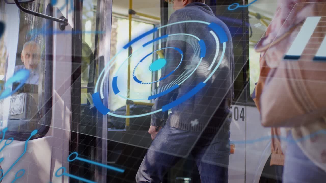 animación de escaneo de alcance y procesamiento de datos sobre diversas personas en el autobús