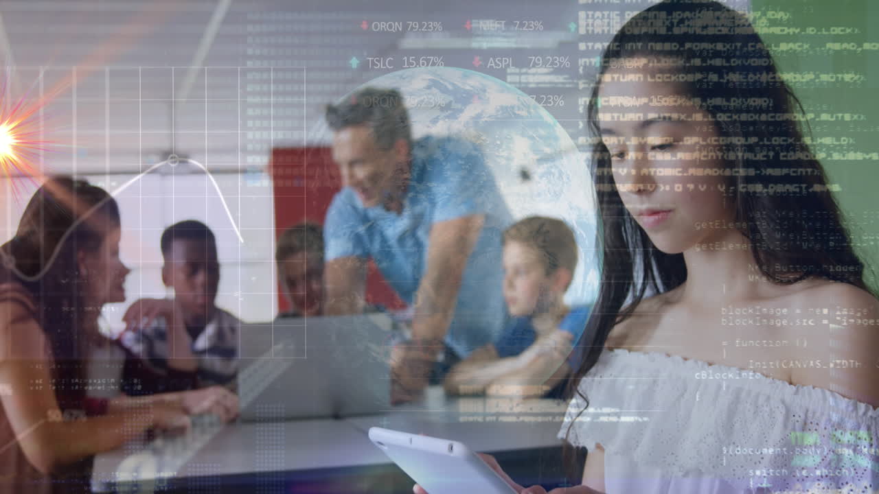 태블릿에서 젊은 팀 수업에 대한 그래픽 데이터.