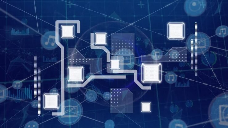 Animation af databehandling over netværk af forbindelser på sort baggrund