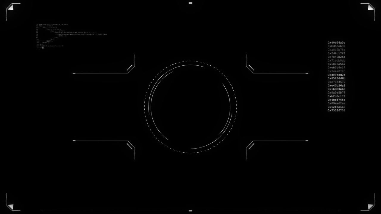 Black minimal hud interface background with circular target thin tech lines small code text clean