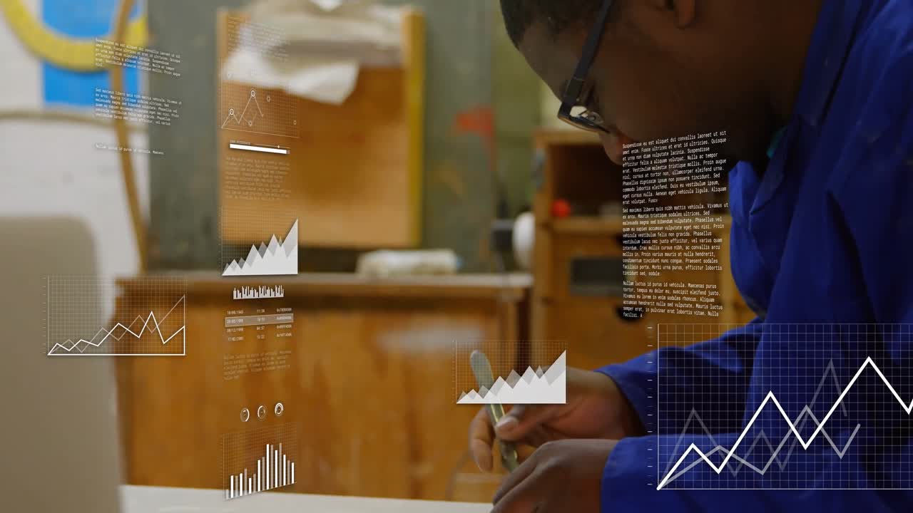 Man in coveralls picking straightedge marking blueprint with animated graphs guiding engineering