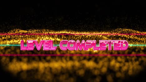 Animation-of-level-completed-text-in-metallic-pink-letters-with-lines-over-mesh