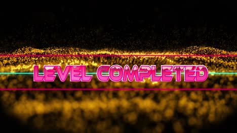 animation of level completed text in metallic pink letters with lines over mesh