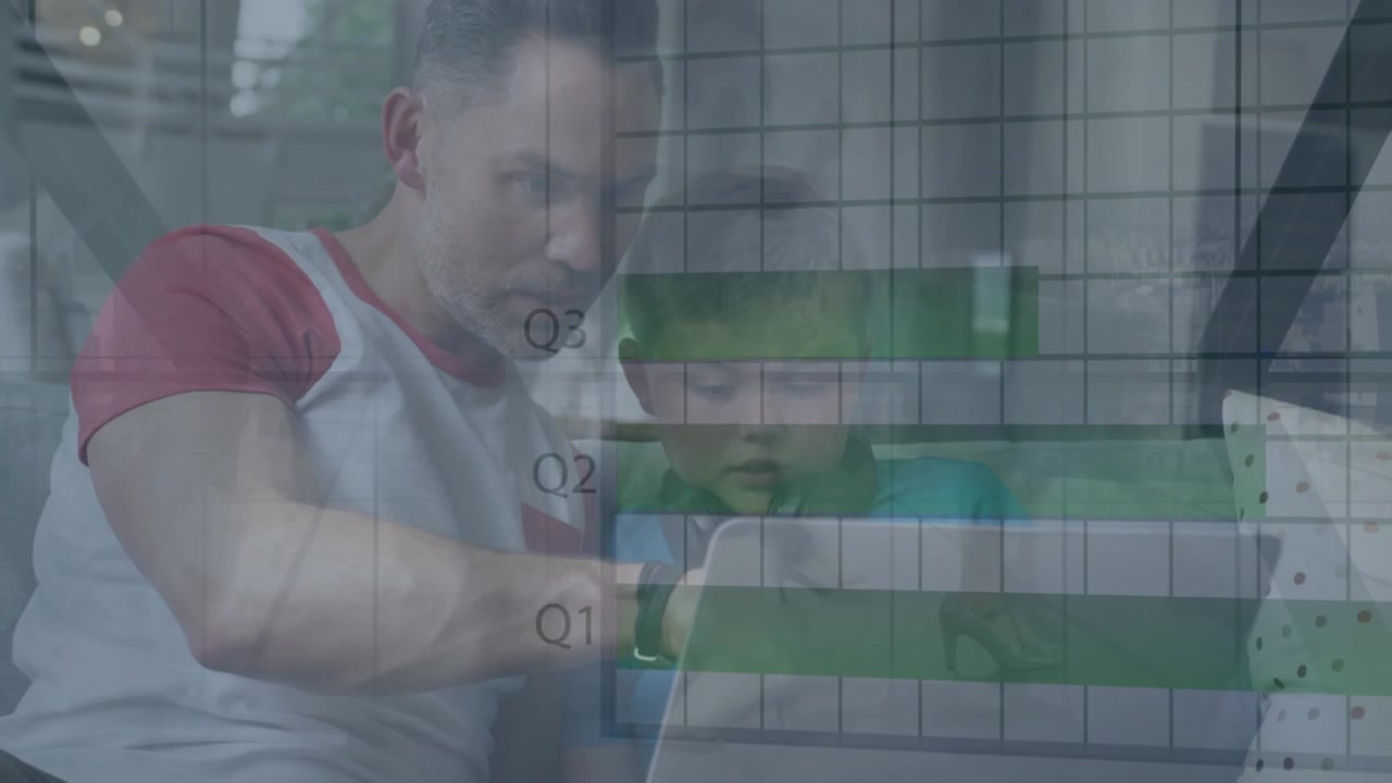 Animazione di elaborazione dati su padre e figlio caucasici che usano un laptop.
