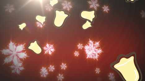 Christmas bell icons falling and snowflakes floating against spot of light on red background