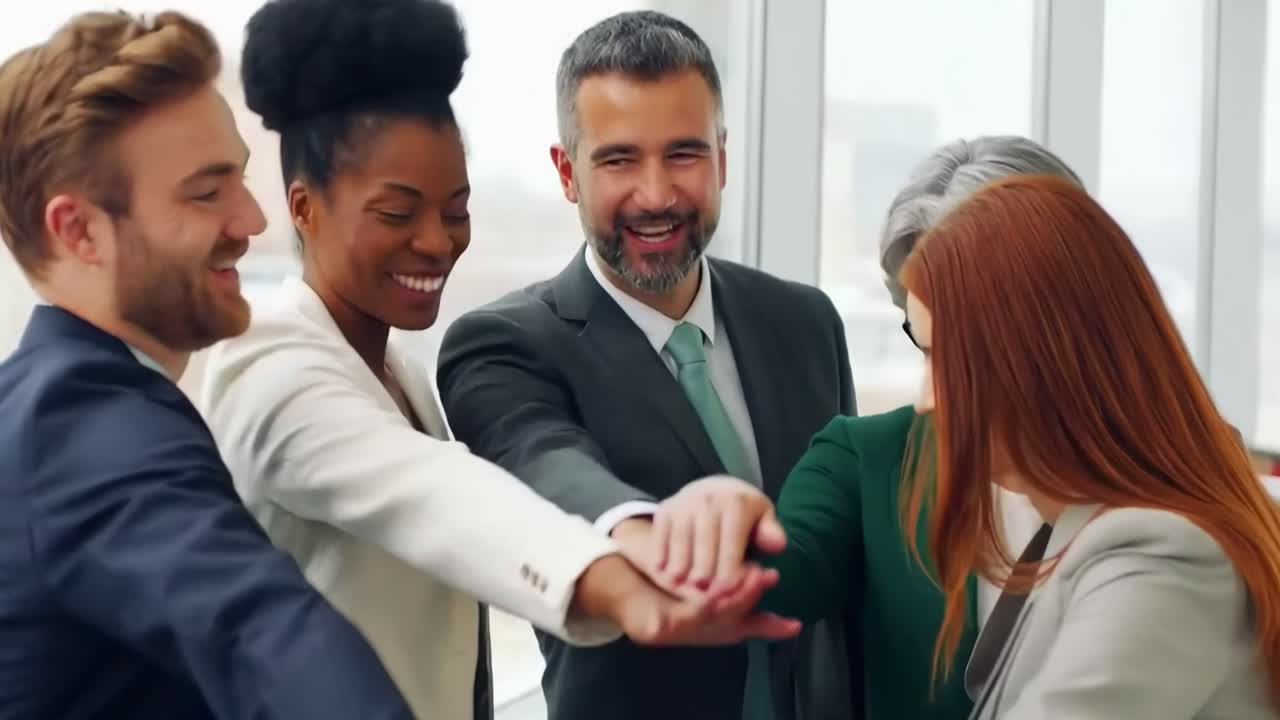 High-angle video of diverse business team joining hands, showcasing unity and teamwork
