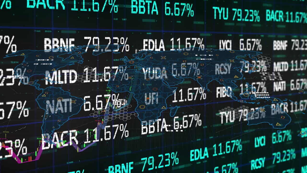 Animation of data processing and stock market over world map on black background