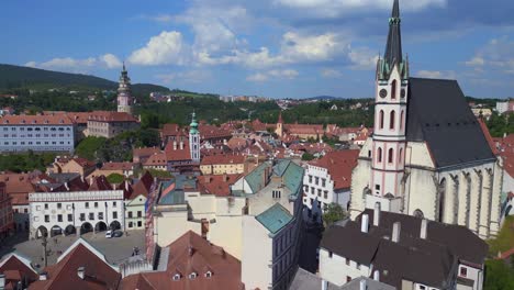 cathedral-church-spire-Marvelous-aerial-view-flight-Czech-Republic-historical-Cesky-Krumlov-Vltava-river-in-summer-time-2023,-world-heritage-in-Bohemia