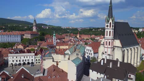 cathedral church spire marvelous aerial view flight czech republic historical cesky krumlov vltava river in summer time 2023, world heritage in bohemia